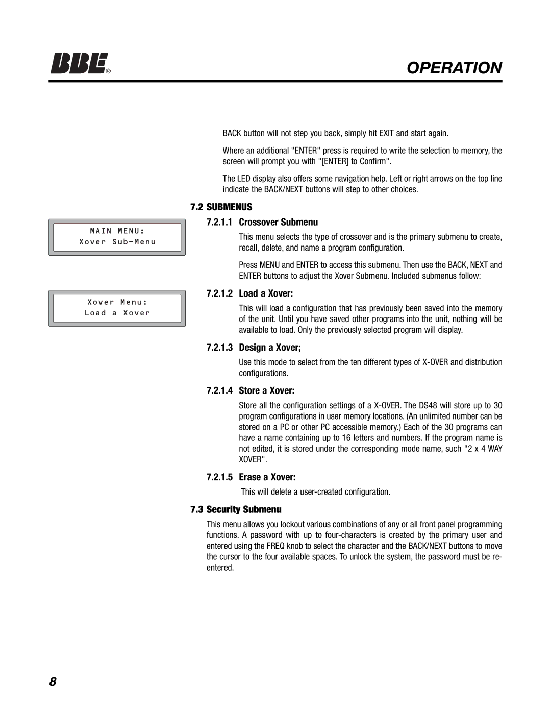 BBE DS48 manual Operation, Submenus 