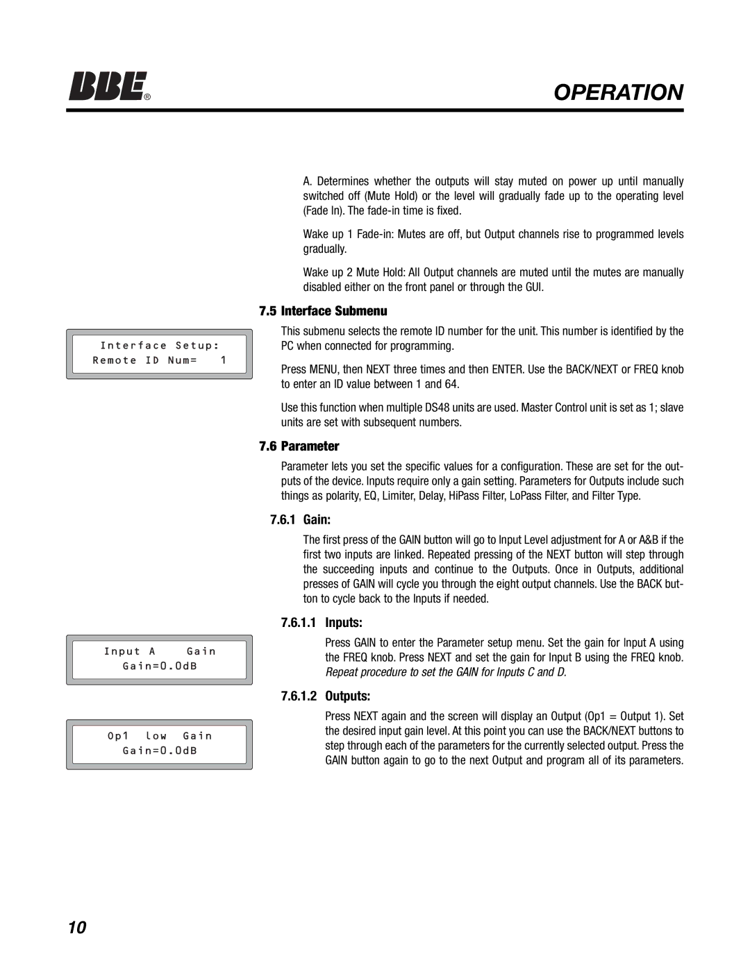 BBE DS48 manual Interface Submenu, Parameter, Inputs, Outputs 