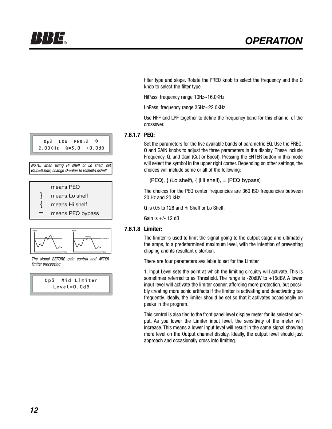 BBE DS48 manual 1.7 PEQ, Limiter 