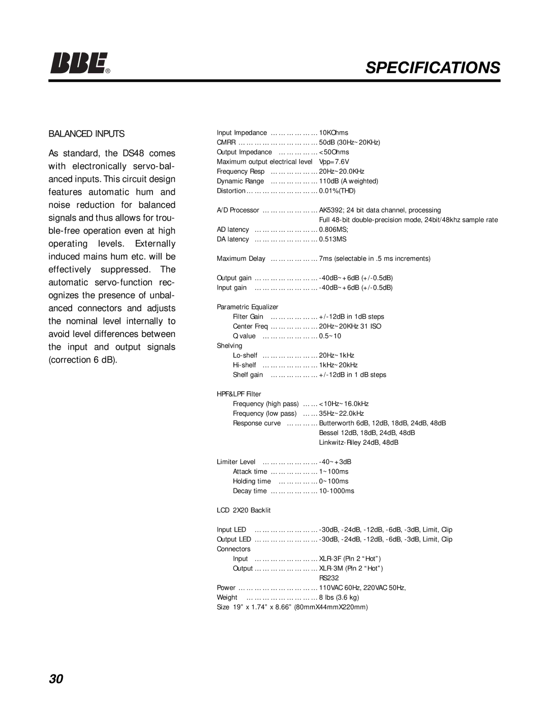 BBE DS48 manual Specifications, Balanced Inputs 