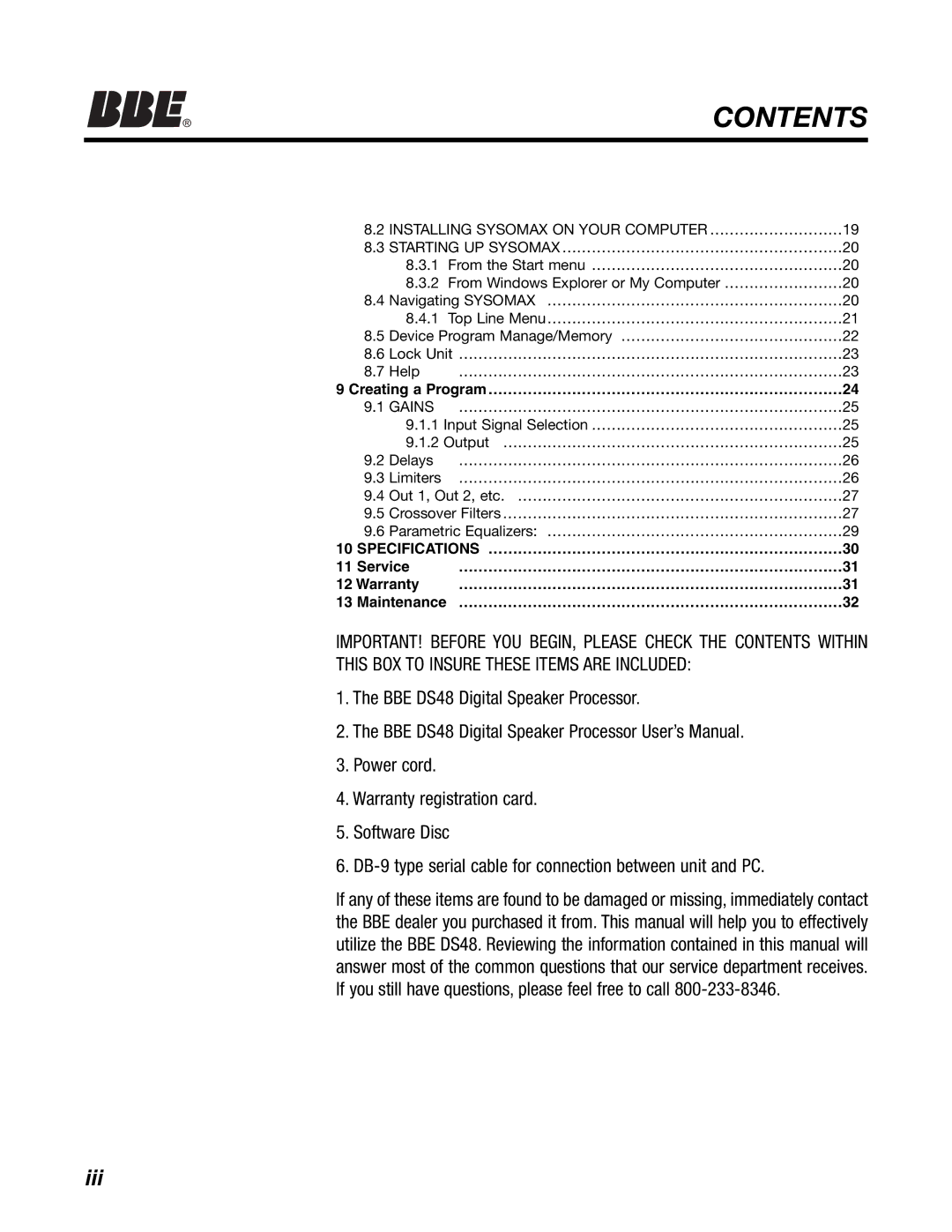 BBE DS48 manual Contents 