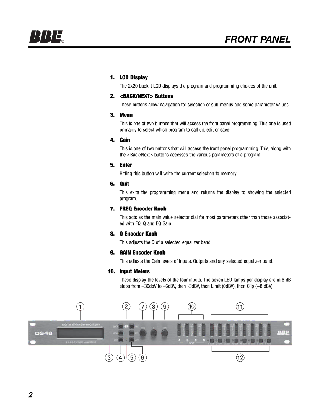 BBE DS48 manual LCD Display, BACK/NEXT Buttons, Menu, Enter, Quit, Freq Encoder Knob, Gain Encoder Knob, Input Meters 