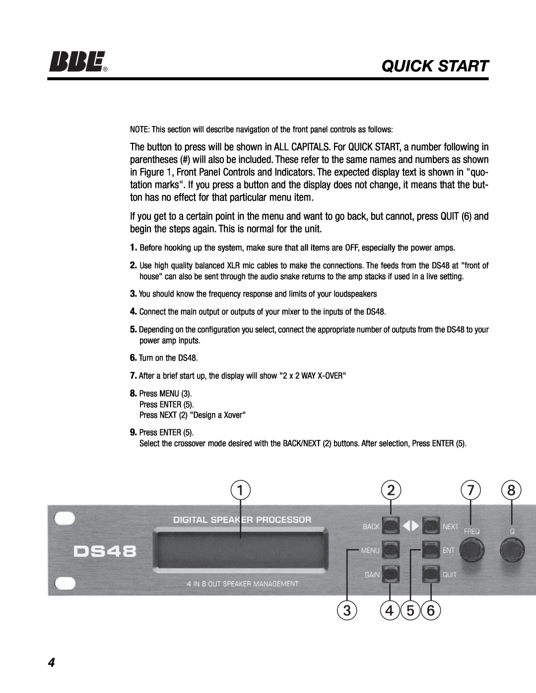 BBE DS48 manual Quick Start 