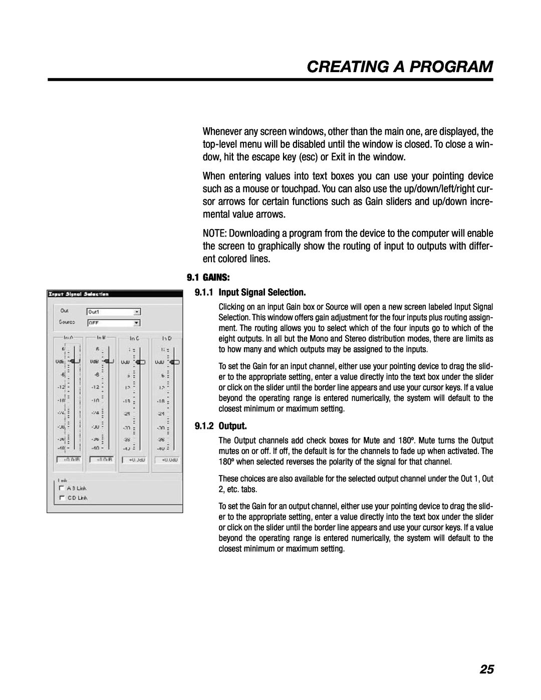BBE DS48 manual Creating A Program, 9.1GAINS 9.1.1Input Signal Selection, 9.1.2Output 