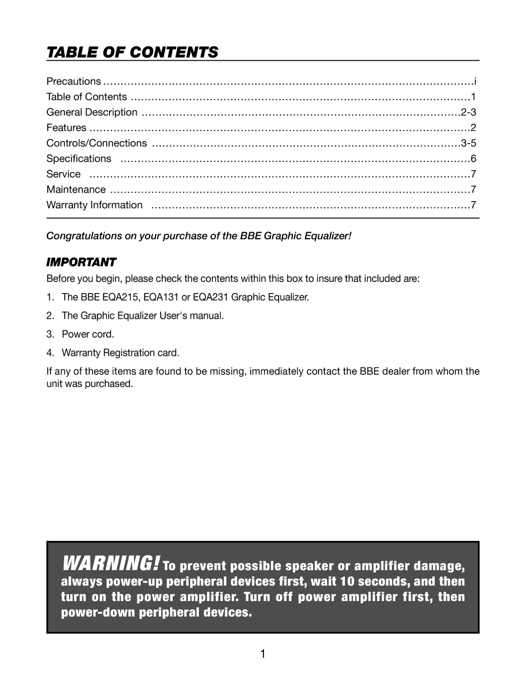 BBE EQA-231, EQA131, EQA215 manual Table of Contents 