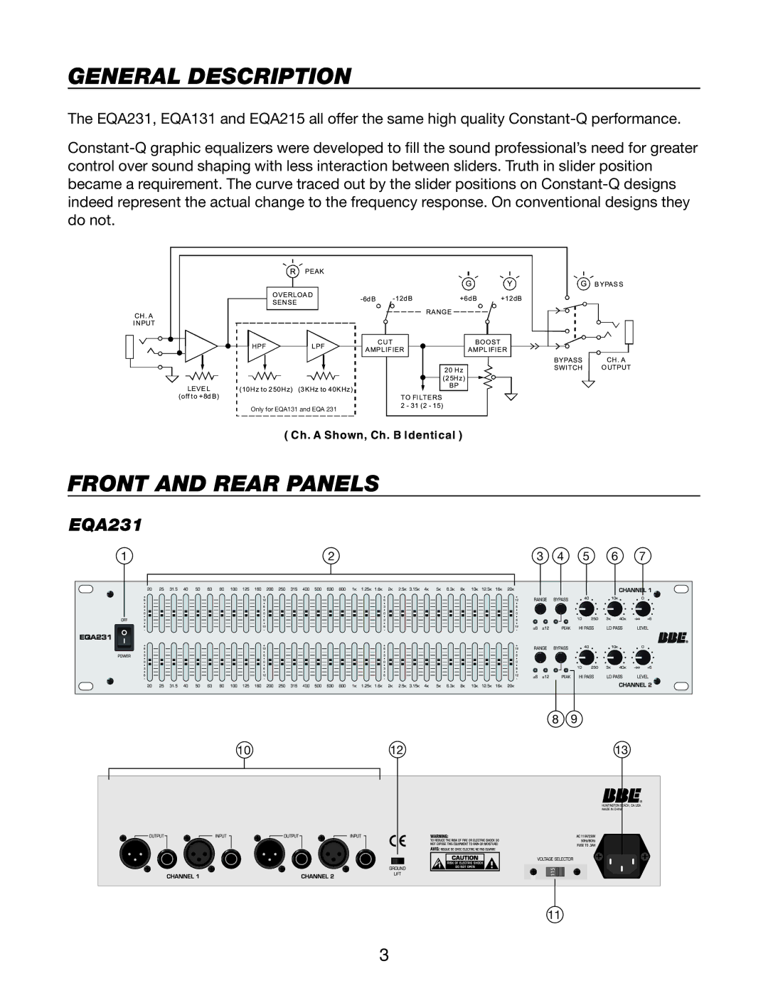 BBE EQA215, EQA-231, EQA131 manual Front and Rear Panels 