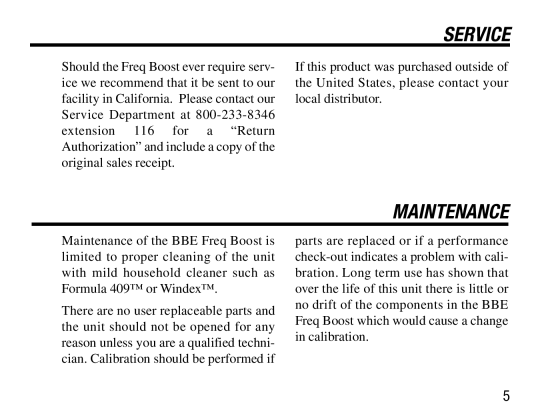 BBE Freq Boost user manual Service, Maintenance 