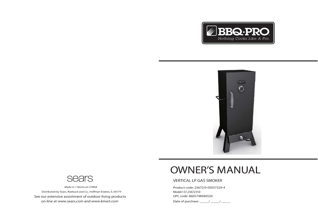 BBQ Pro 137.23672310 manual Vertical LP GAS Smoker 