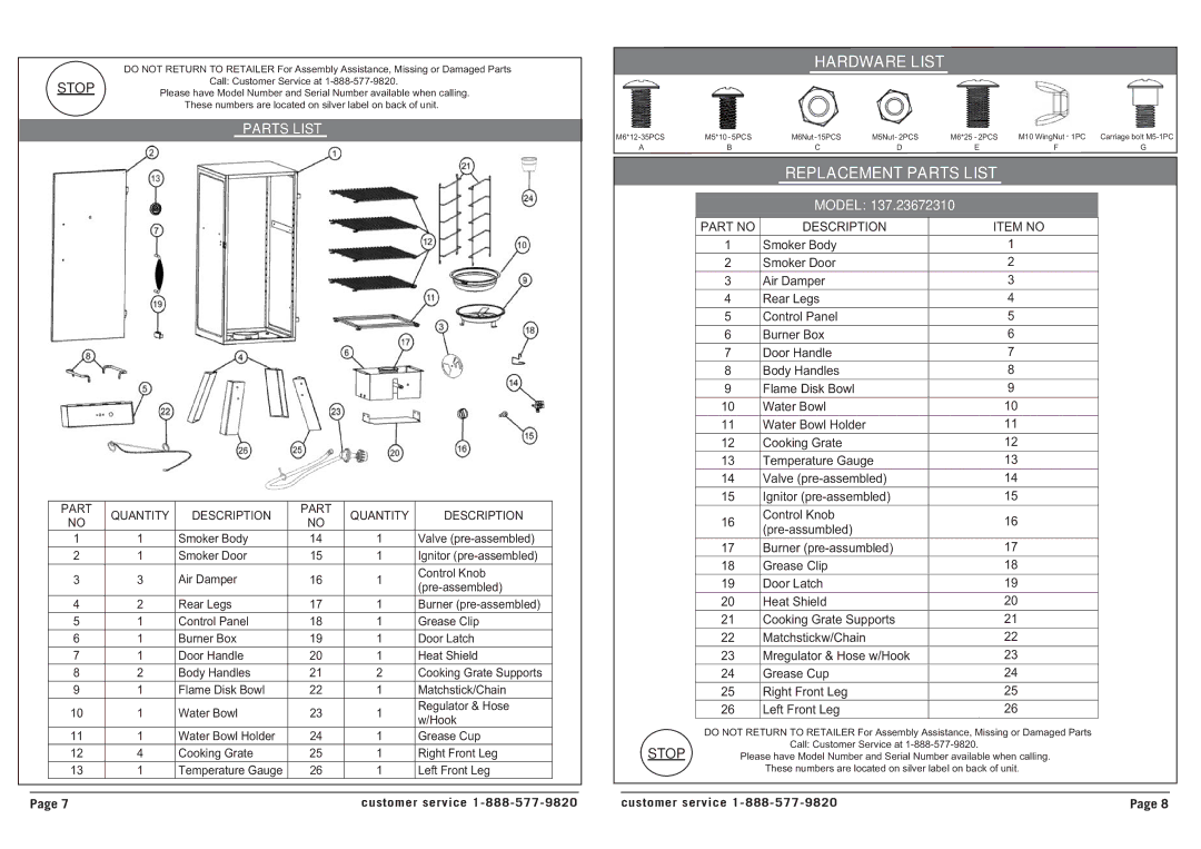 BBQ Pro 137.23672310 manual Hardware List, Replacement Parts List 