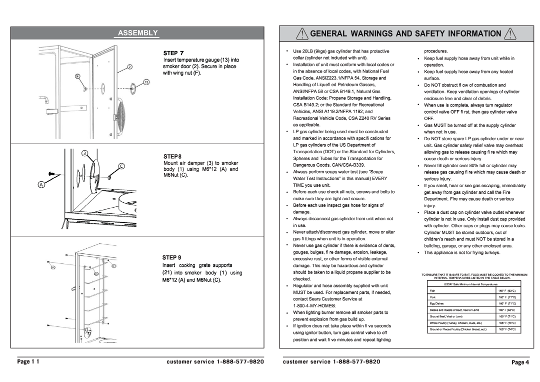 BBQ Pro 137.23672310 manual General Warnings And Safety Information, Assembly, Page 1, customer service, Step 