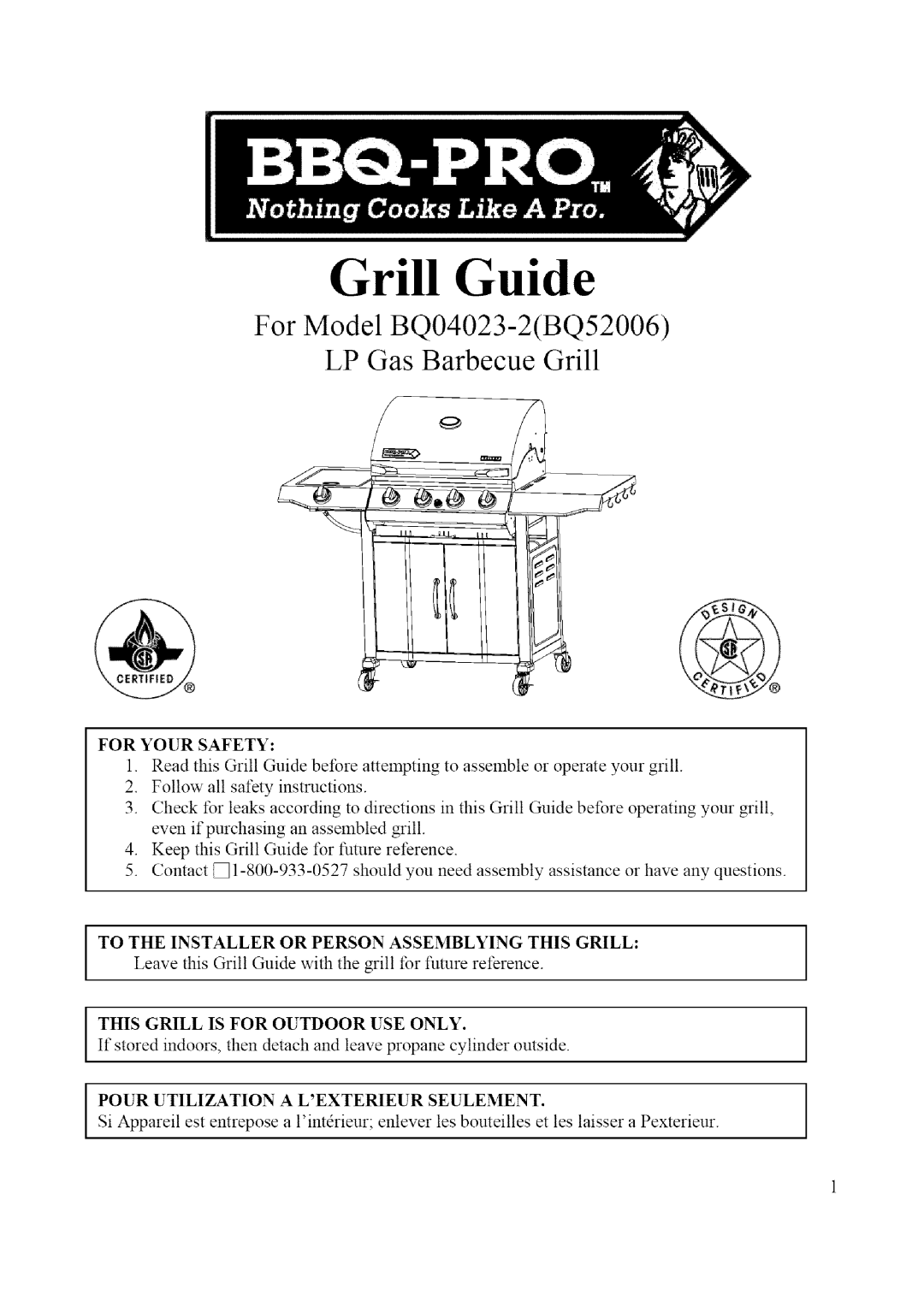 BBQ Pro BQ04023-2, BQ52006 manual For Your Safety, Pour Utilization a L Exterieur Seulement 