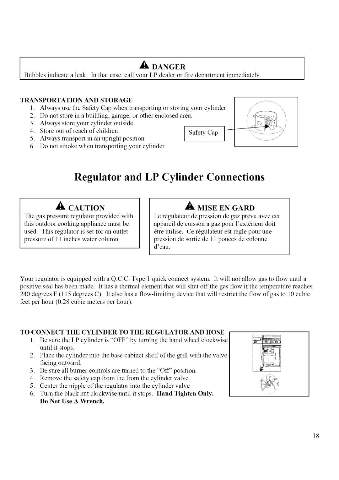 BBQ Pro BQ52006, BQ04023-2 manual Transportation and Storage, Mise Gard, To Connect the Cylinder to the Regulator and Hose 