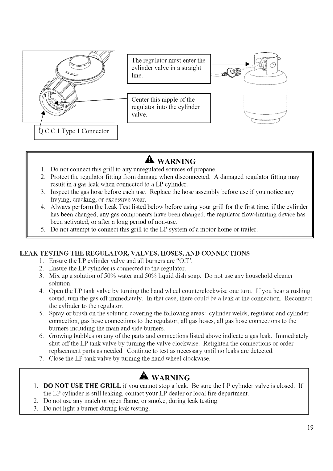 BBQ Pro BQ04023-2, BQ52006 manual Type1Connector1, Leak Testing the REGULATOR, VALVES, HOSES, and Connections 