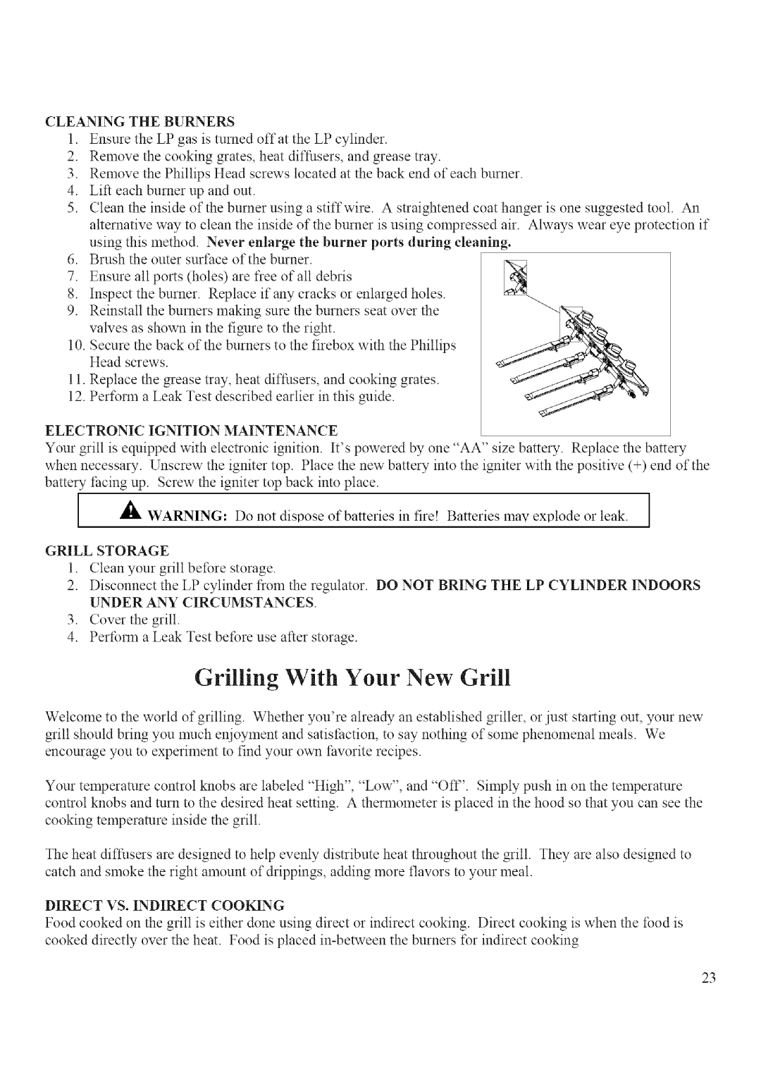 BBQ Pro BQ04023-2, BQ52006 manual Electronic Ignition Maintenance, Grill Storage, Direct VS. Indirect Cooking 