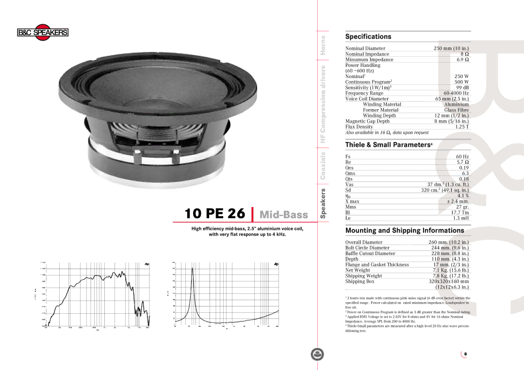 B&C Speakers specifications 10 PE 26 Mid-Bass, Specifications, Mounting and Shipping Informations 