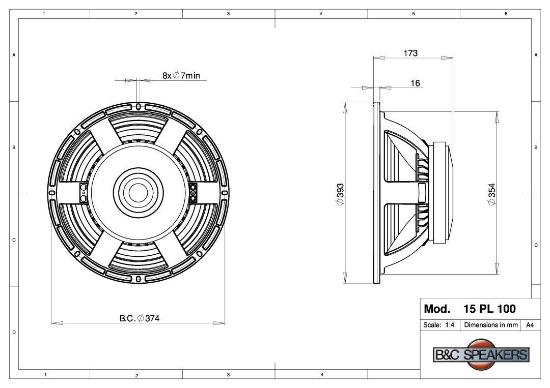 B&C Speakers 15PL100 dimensions 15 PL, 7min, Scale, Dimensions in mm 
