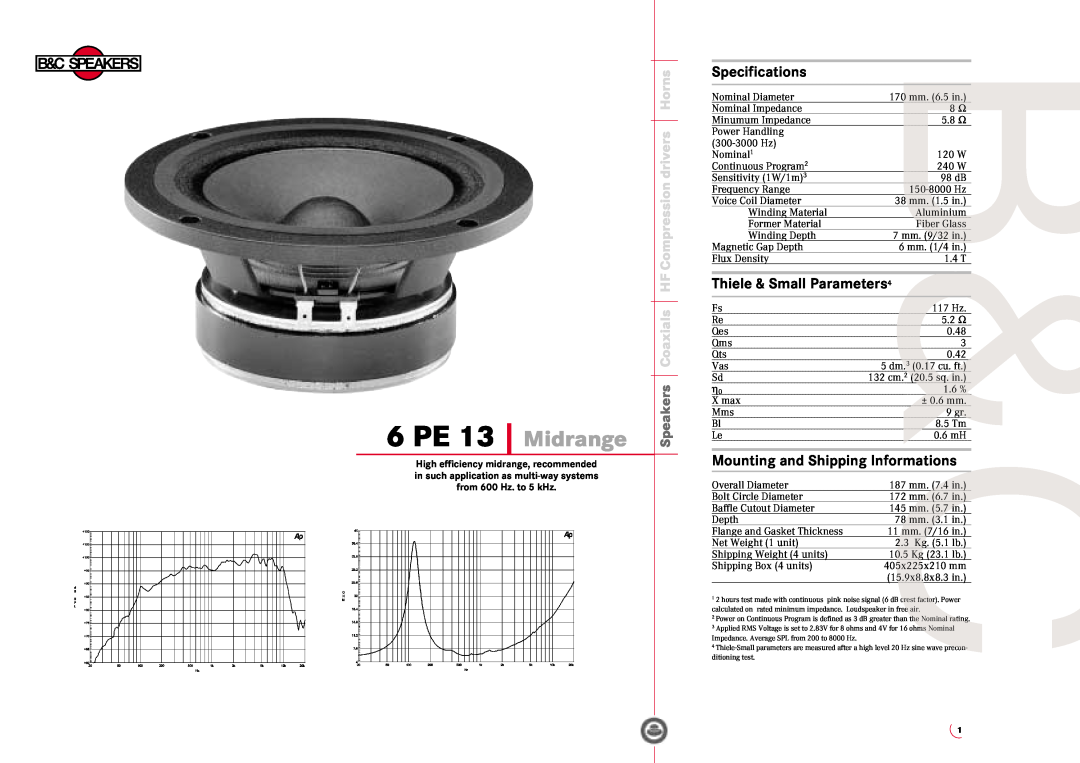 B&C Speakers specifications 6 PE 13 Midrange, Specifications, Speakers Coaxials HF Compression drivers Horns 