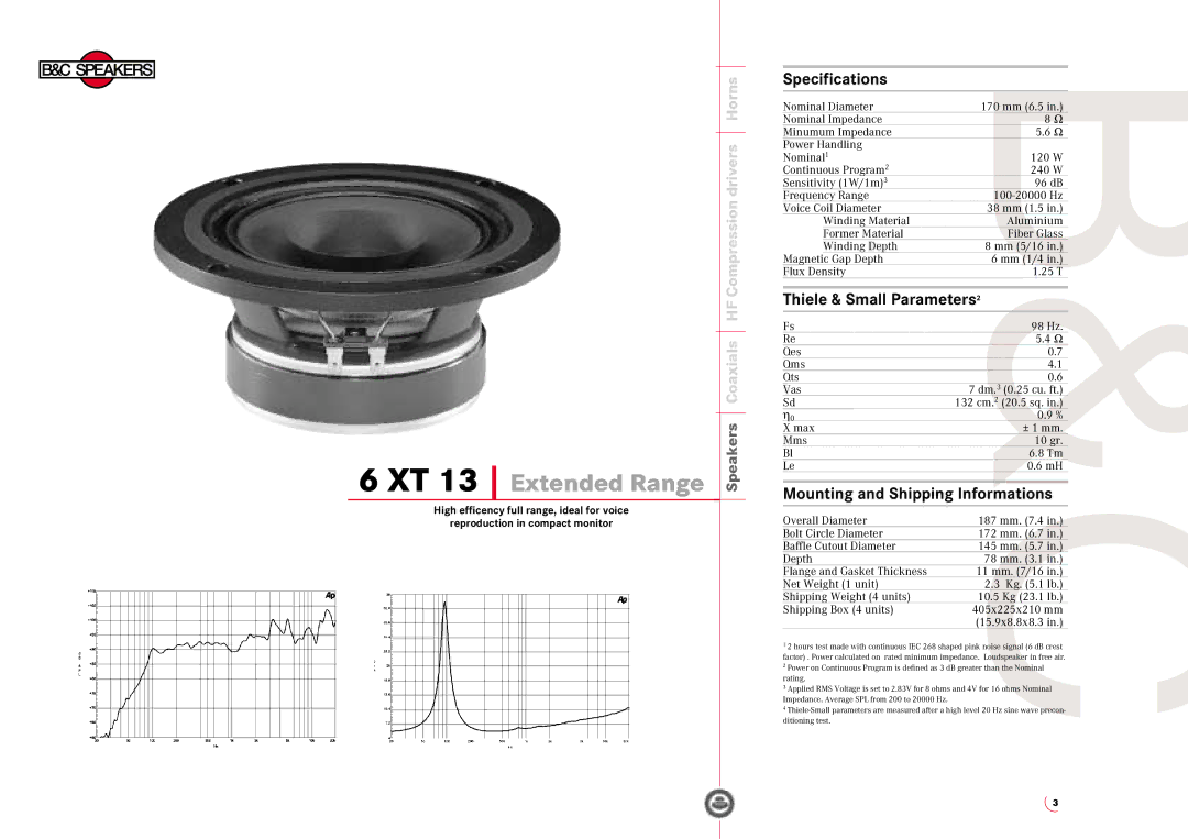 B&C Speakers 6 XT 13 specifications XT 13 Extended Range, Specifications, Thiele & Small Parameters2 