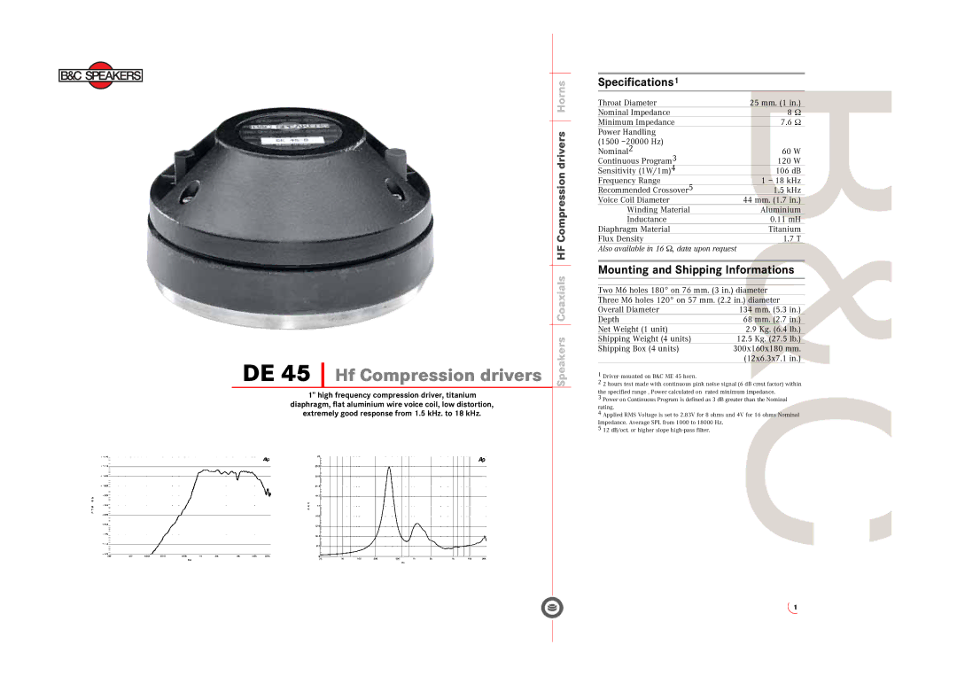 B&C Speakers specifications DE 45 Hf Compression drivers, Specifications1, Mounting and Shipping Informations 