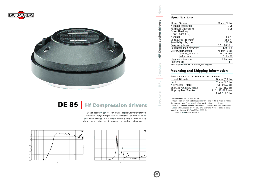 B&C Speakers DE85 specifications DE 85 Hf Compression drivers, Specifications1, Mounting and Shipping Information 