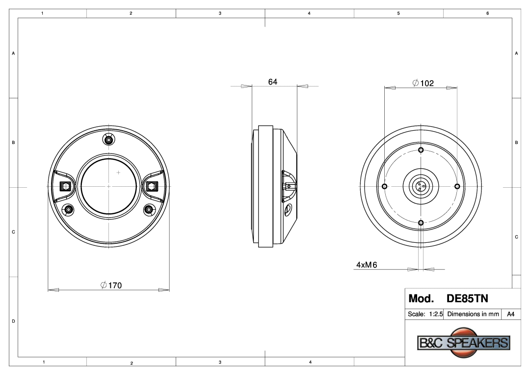 B&C Speakers DE85TN dimensions 4xM6, Scale, Dimensions in mm 