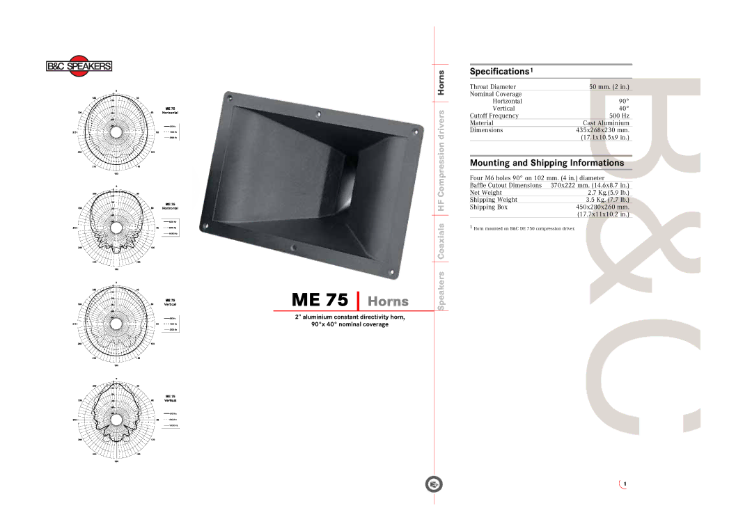 B&C Speakers ME75 specifications ME 75 Horns, Specifications1, Mounting and Shipping Informations 