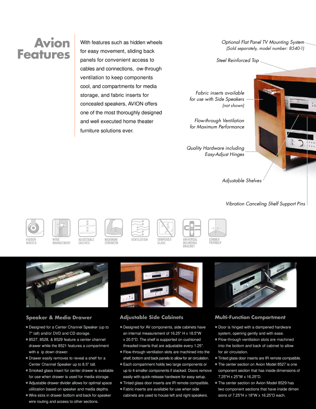 BDI 8521 manual Speaker & Media Drawer, Adjustable Side Cabinets, Multi-Function Compartment 