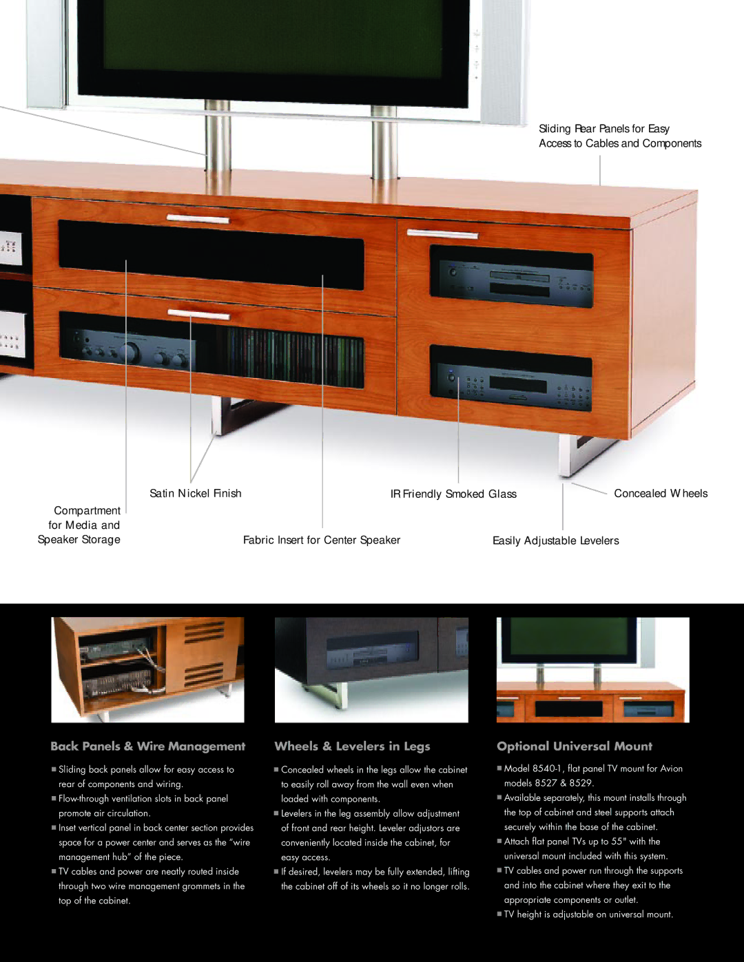 BDI 8521 manual Back Panels & Wire Management, Wheels & Levelers in Legs, Optional Universal Mount 