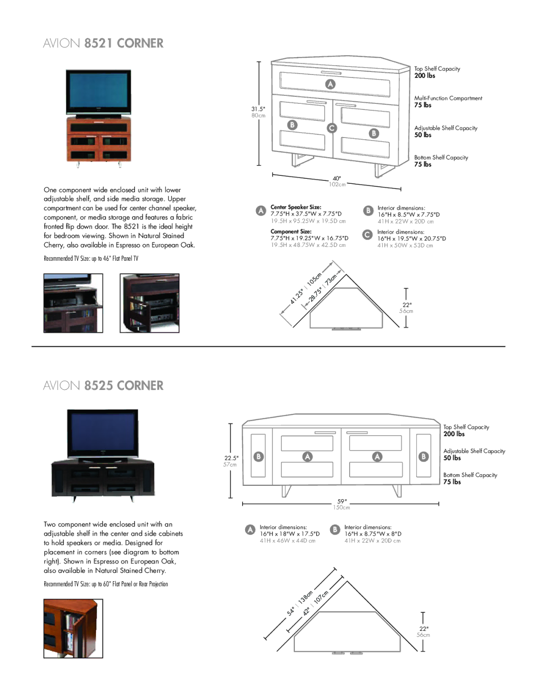 BDI manual Avion 8521 Corner, Avion 8525 Corner, Recommended TV Size up to 46 Flat Panel TV 