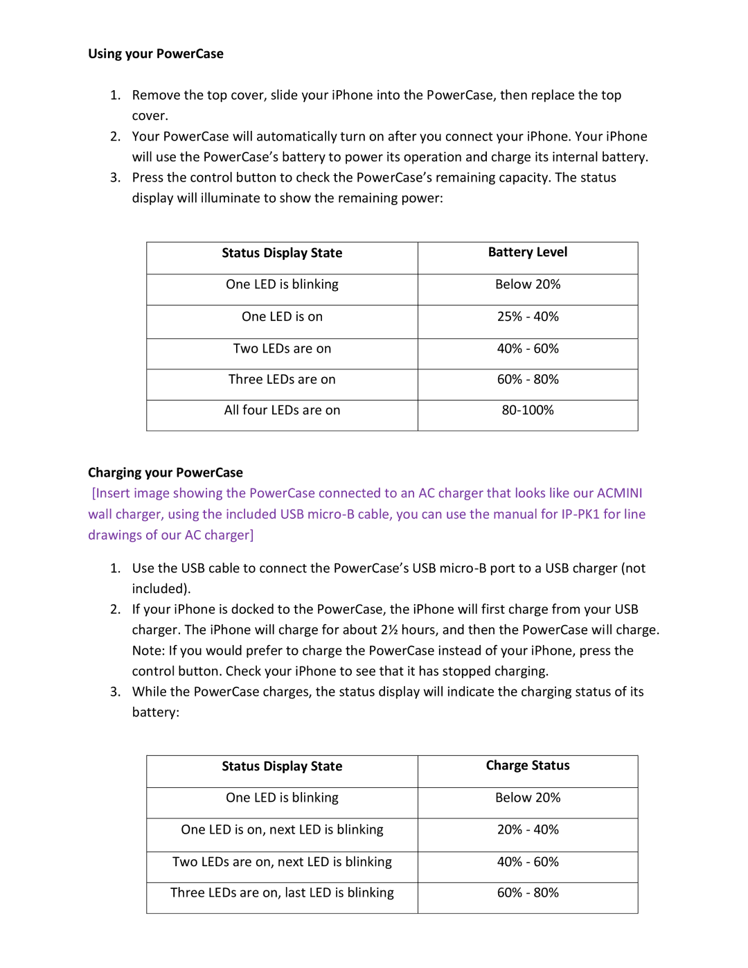 BDI IP-PC500 technical specifications Using your PowerCase, Charging your PowerCase 