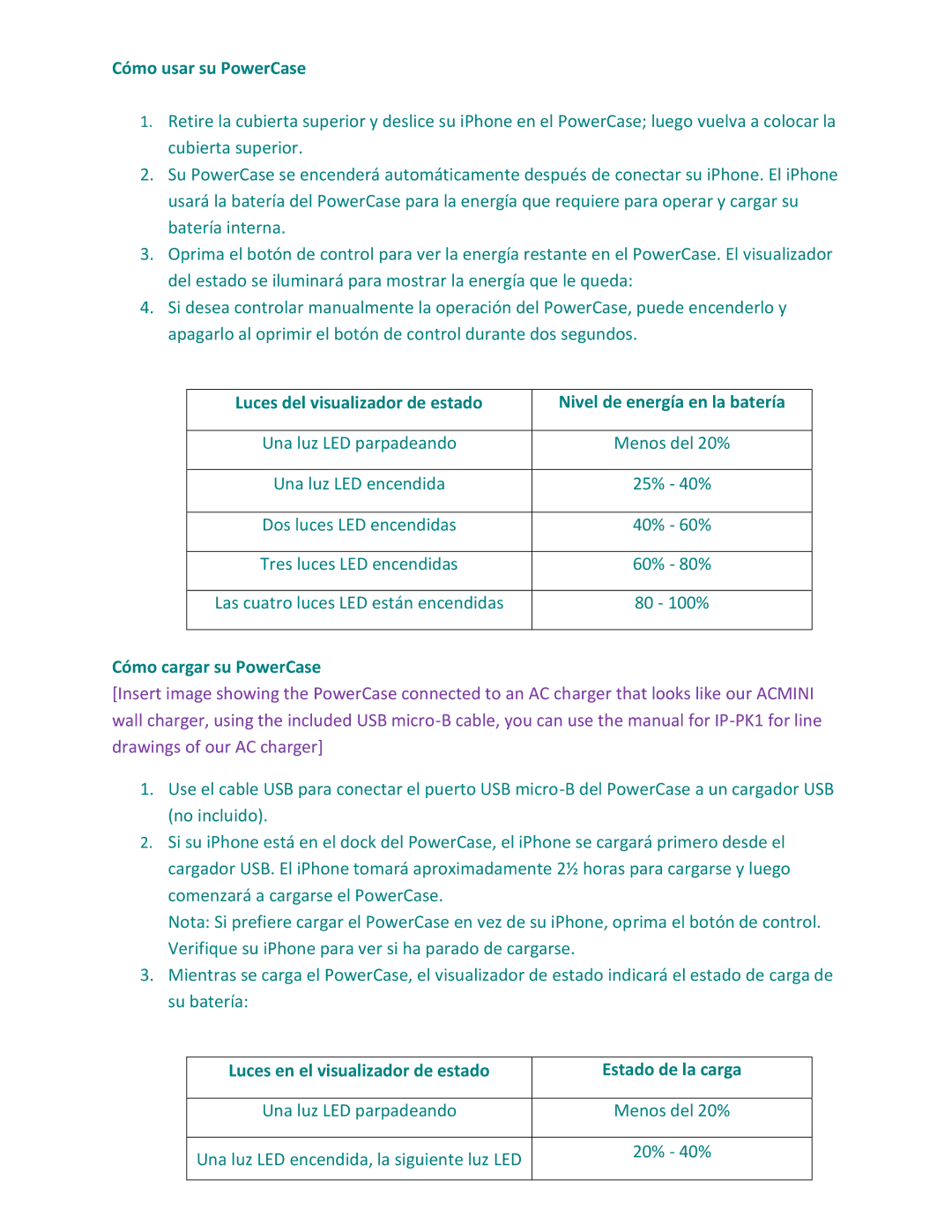 BDI IP-PC500 technical specifications Cómo usar su PowerCase, Cómo cargar su PowerCase 