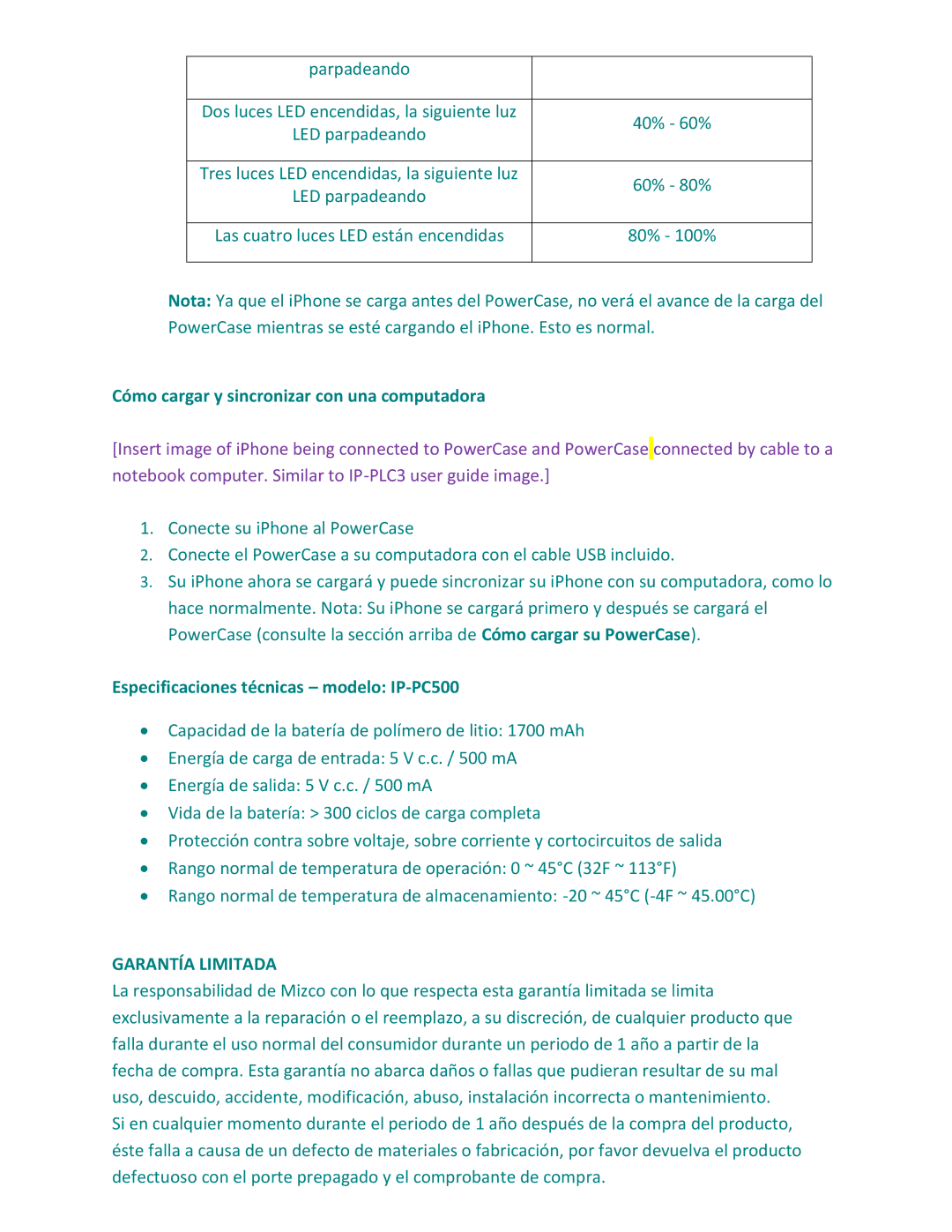 BDI technical specifications Cómo cargar y sincronizar con una computadora, Especificaciones técnicas modelo IP-PC500 