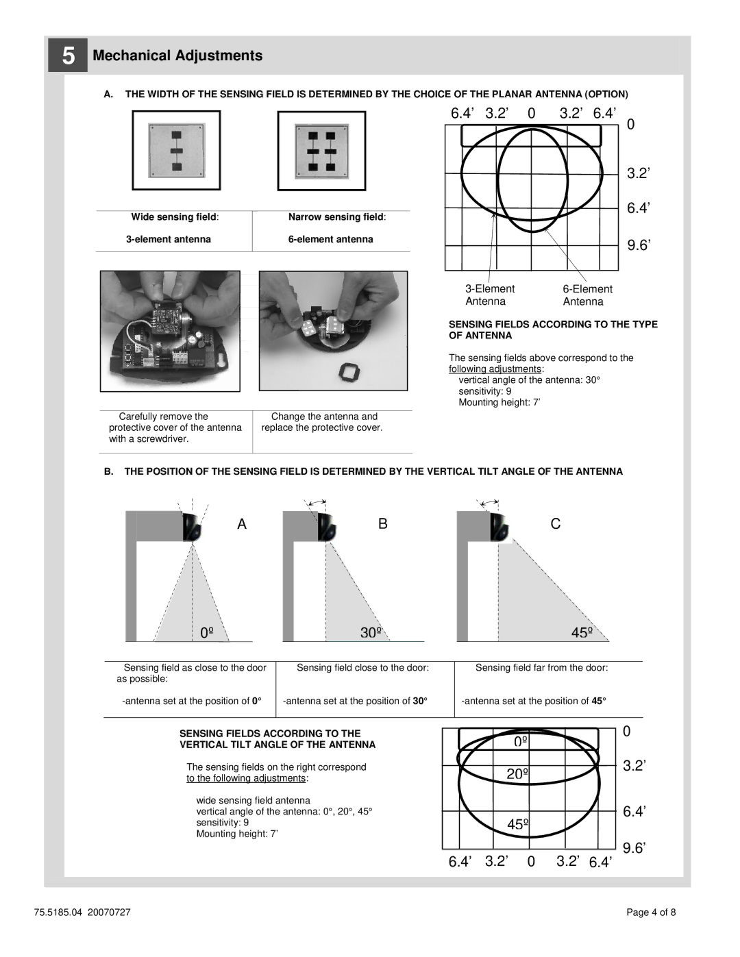 BEA 10 Mechanical Adjustments, 30º 45º, 20º 45º ’ 3.2’ 0 3.2’ 6.4’, Element 6-Element Antenna Antenna 