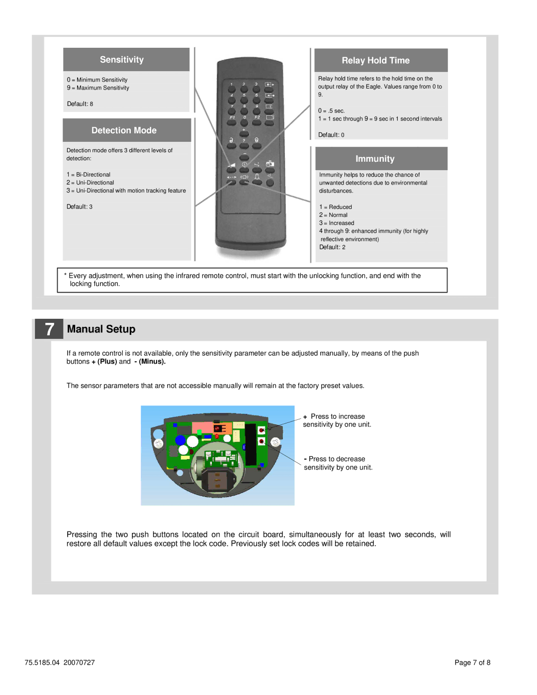 BEA 10 technical specifications Manual Setup, Sensitivity, Detection Mode, Relay Hold Time, Immunity 