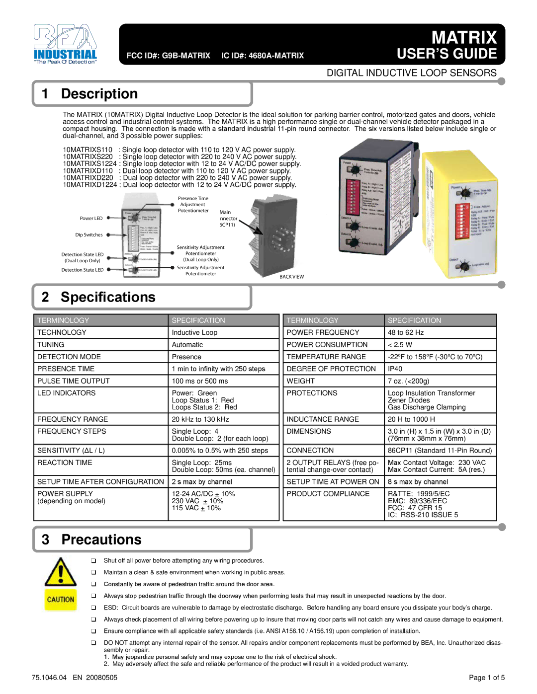 BEA 10MATRIX warranty Description, Specifications, Precautions, Terminology Specification 