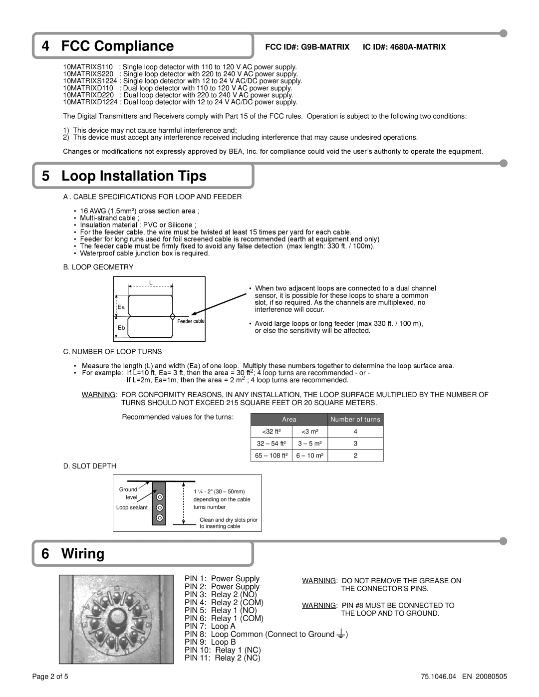 BEA 10MATRIX warranty FCC Compliance, Loop Installation Tips, Wiring 