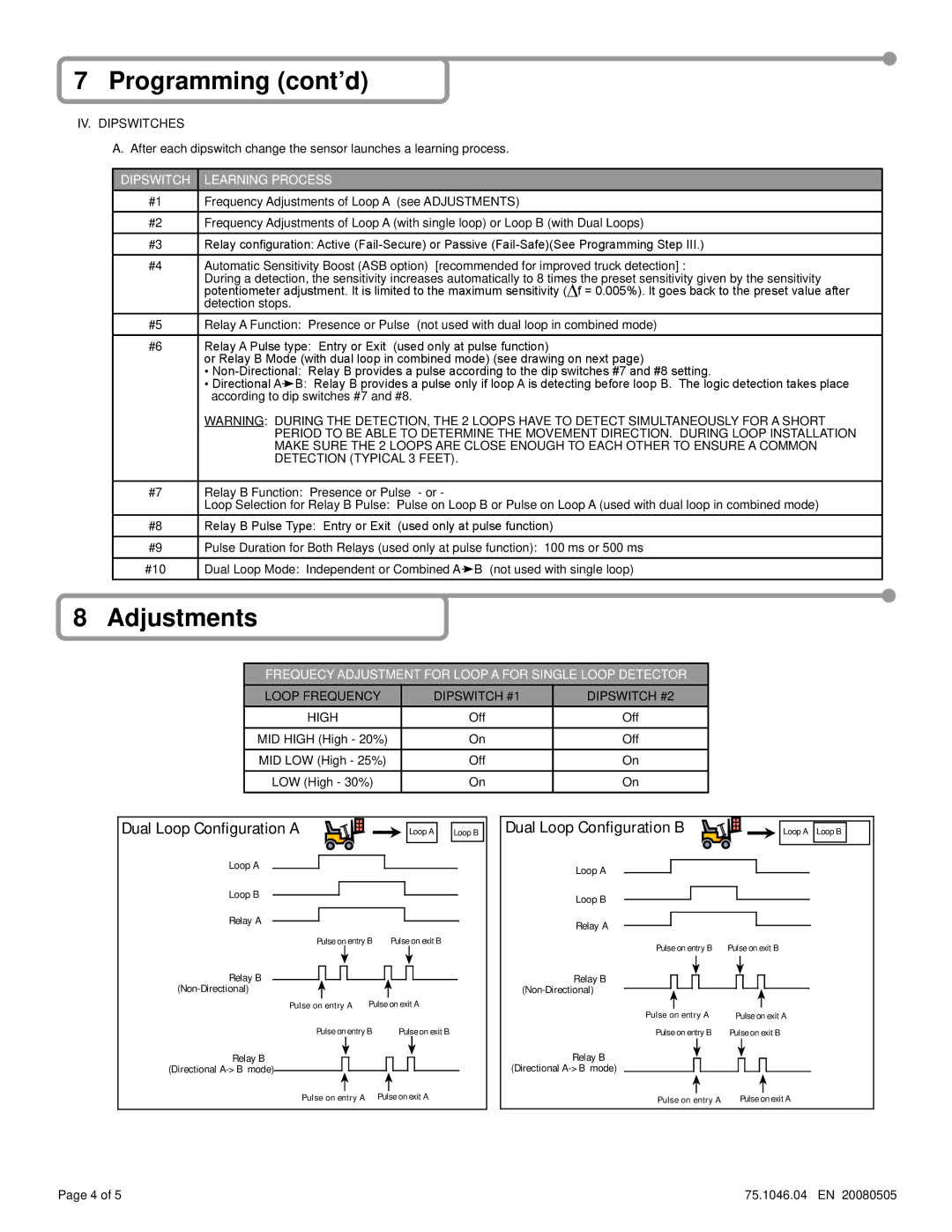 BEA 10MATRIX warranty Programming cont’d, Adjustments, Dipswitch Learning Process 