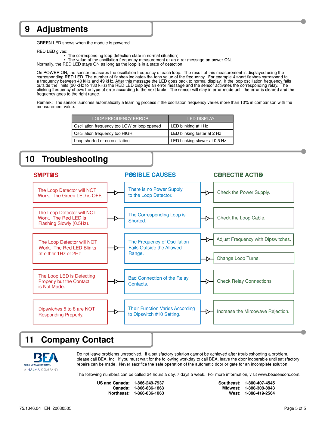 BEA 10MATRIX warranty Troubleshooting, Company Contact, Loop Frequency Error LED Display 