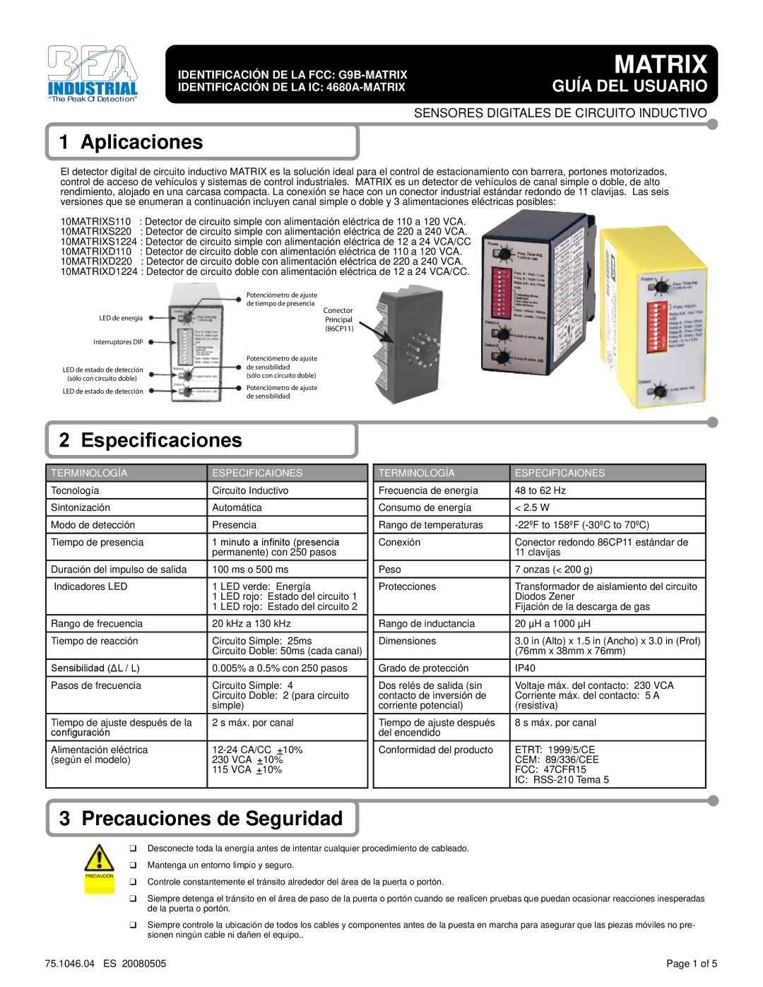 BEA warranty Aplicaciones, Especificaciones, Precauciones de Seguridad, 10MATRIXD1224, Terminología Especificaiones 