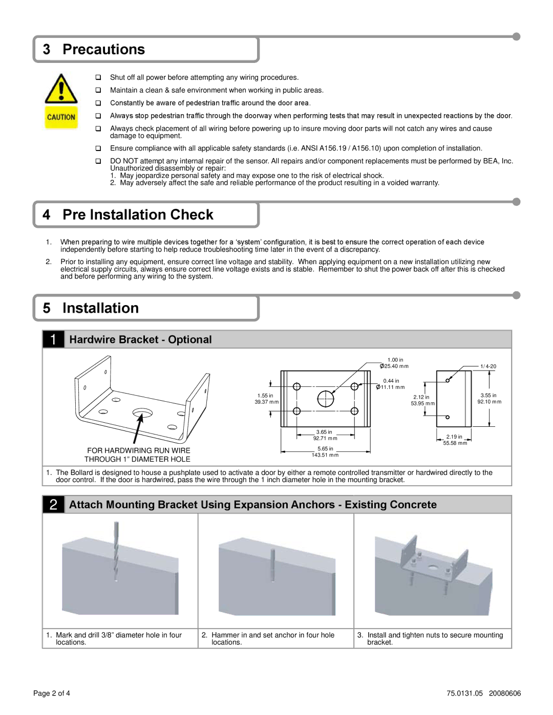 BEA 10PBS45X, 10PBR45X, 10PBDGP1, 10EMSQ475X dimensions Precautions, Pre Installation Check, Hardwire Bracket Optional 