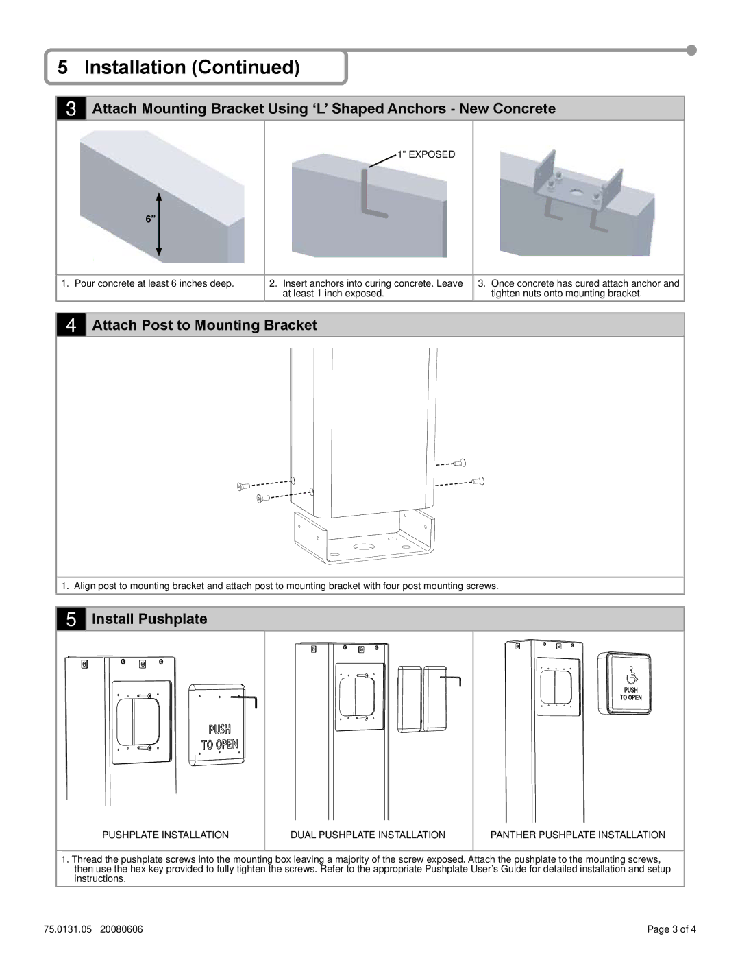 BEA 10EMSQ475X, 10PBR45X, 10PBDGP1, 10PBS45X dimensions Attach Post to Mounting Bracket, Install Pushplate, Exposed 