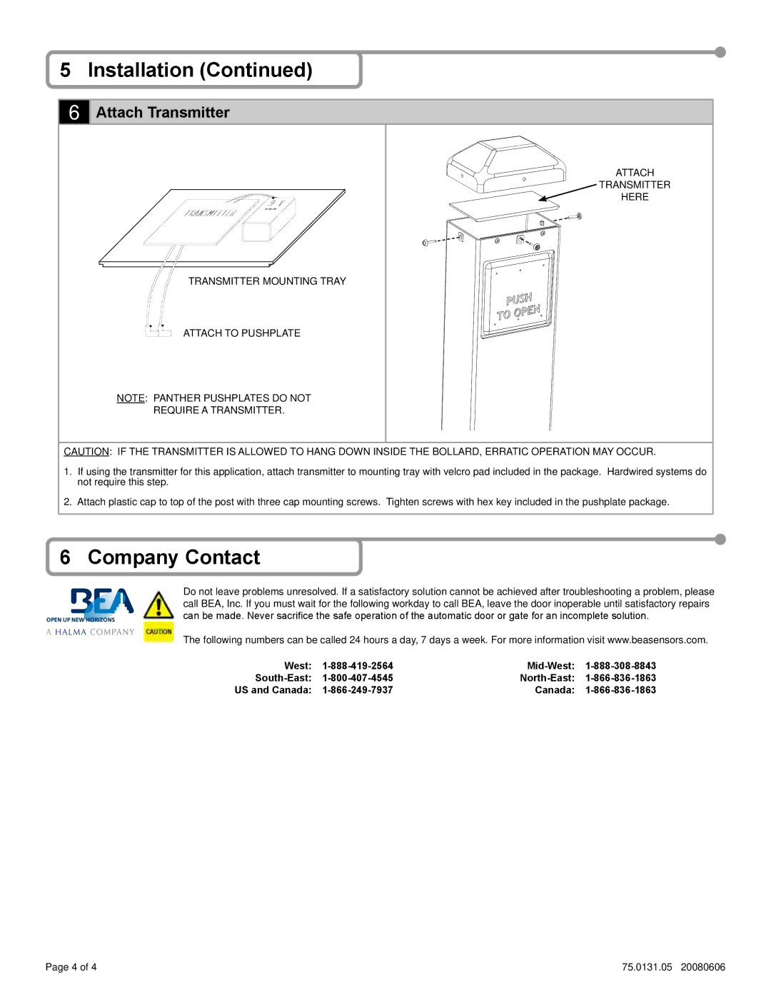 BEA 10PBR45X, 10PBDGP1, 10PBS45X, 10EMSQ475X dimensions Company Contact, Attach Transmitter 