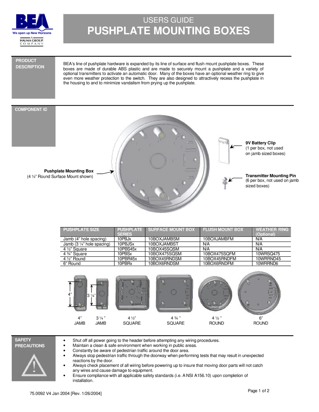 BEA 10PBJx, 10T300PB, 10BOXJAMBFM manual Pushplate Mounting Boxes, Product Description, Component ID, Safety, Precautions 