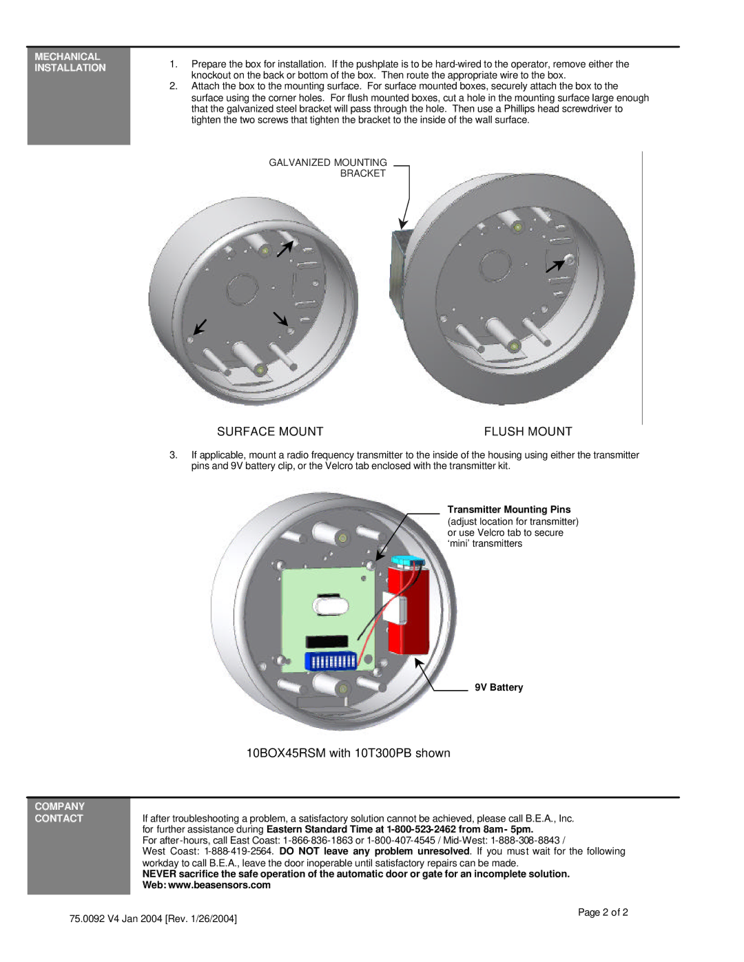 BEA 10BOXJAMBFM manual Surface Mount Flush Mount, 10BOX45RSM with 10T300PB shown, Mechanical Installation, Company Contact 