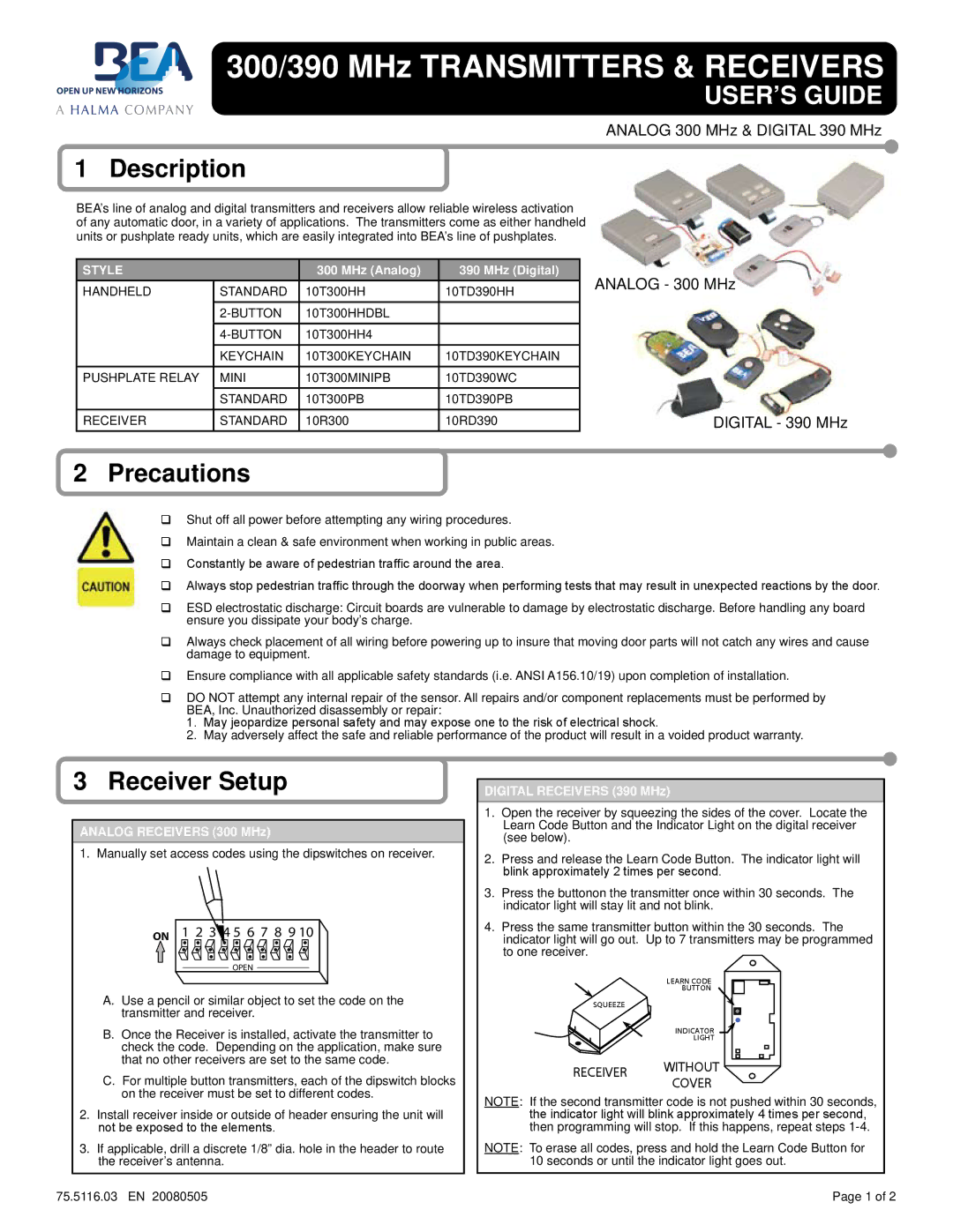 BEA 10T300HH, 10TD390HH warranty Description, Precautions, Receiver Setup 