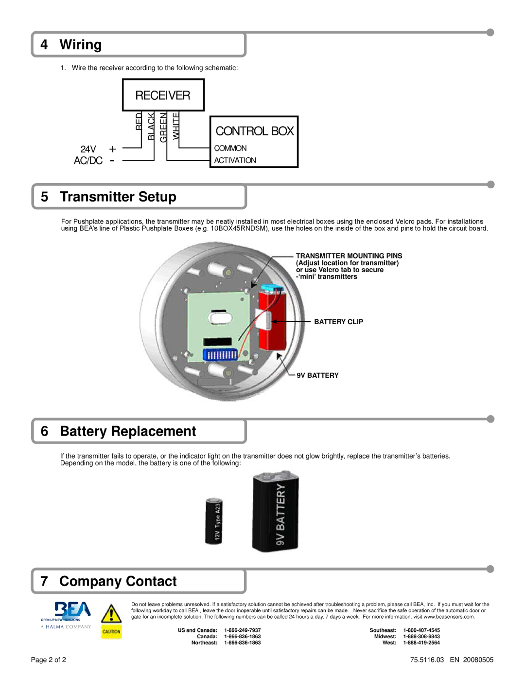 BEA 10TD390HH, 10T300HH warranty Wiring, Transmitter Setup, Battery Replacement, Company Contact 