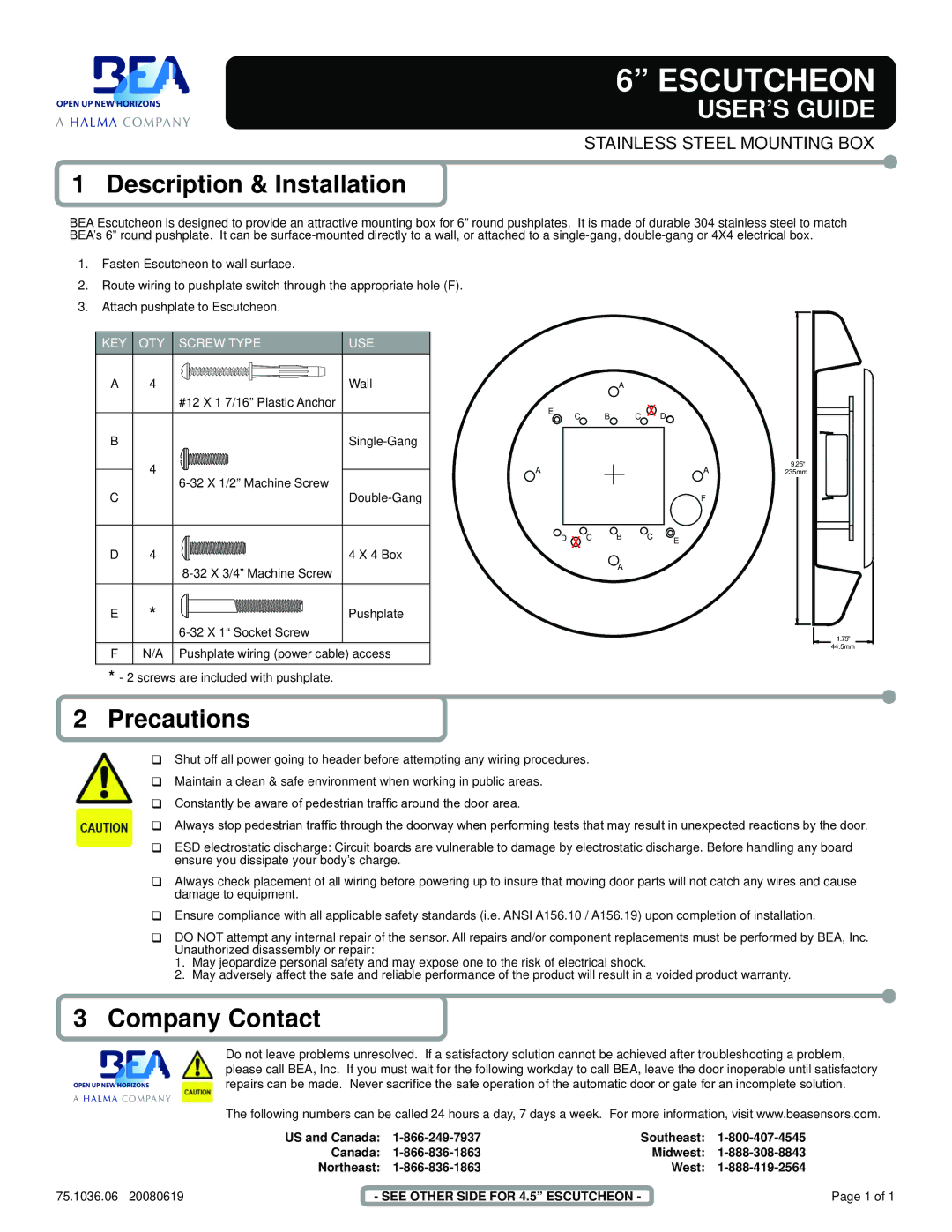 BEA 6 Escutcheon warranty USER’S Guide, Description & Installation, Precautions, Company Contact 