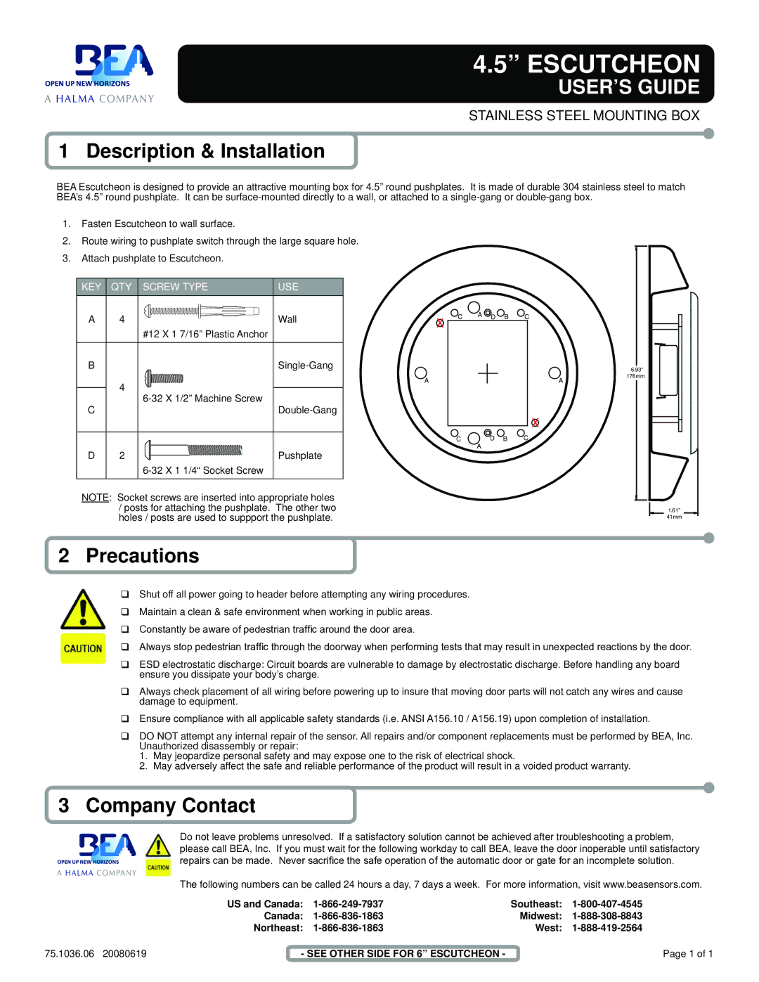 BEA 6 Escutcheon warranty See Other Side for 6 Escutcheon 