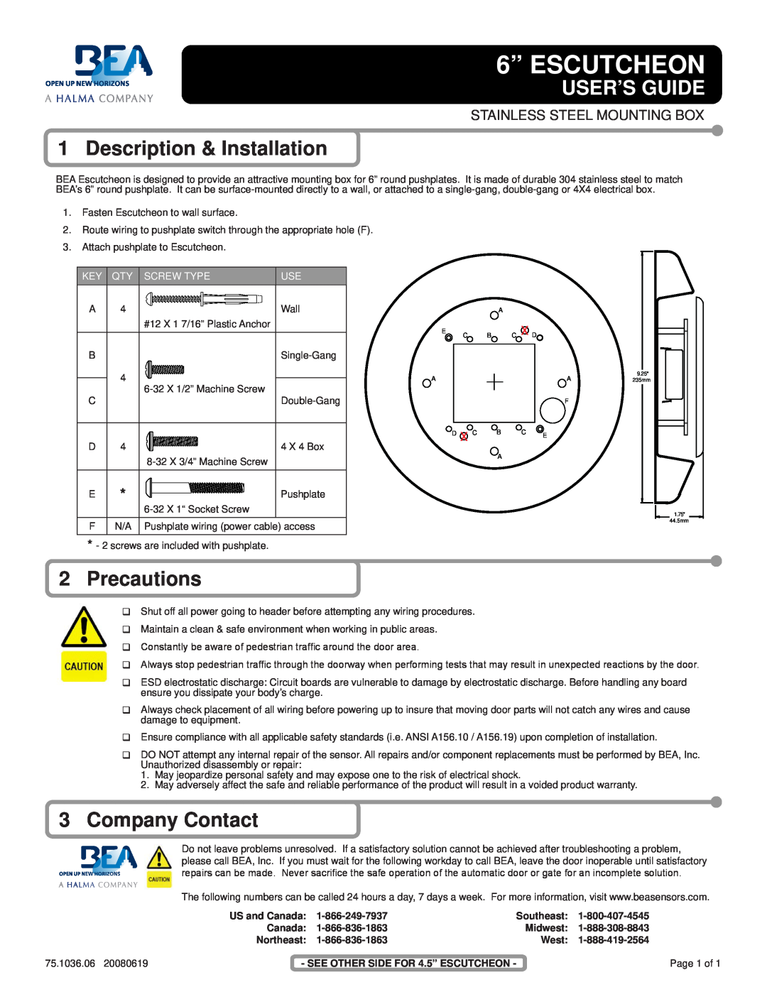 BEA 6" Escutcheon warranty 6” ESCUTCHEON, User’S Guide, Description & Installation, Precautions, Company Contact, Canada 
