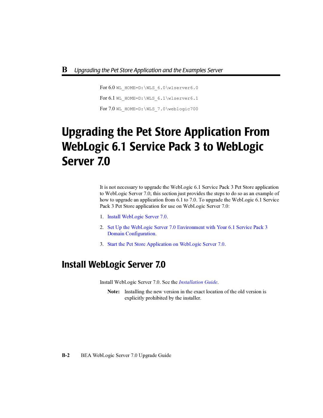 BEA 7 manual Install WebLogic Server, Upgrading the Pet Store Application and the Examples Server 